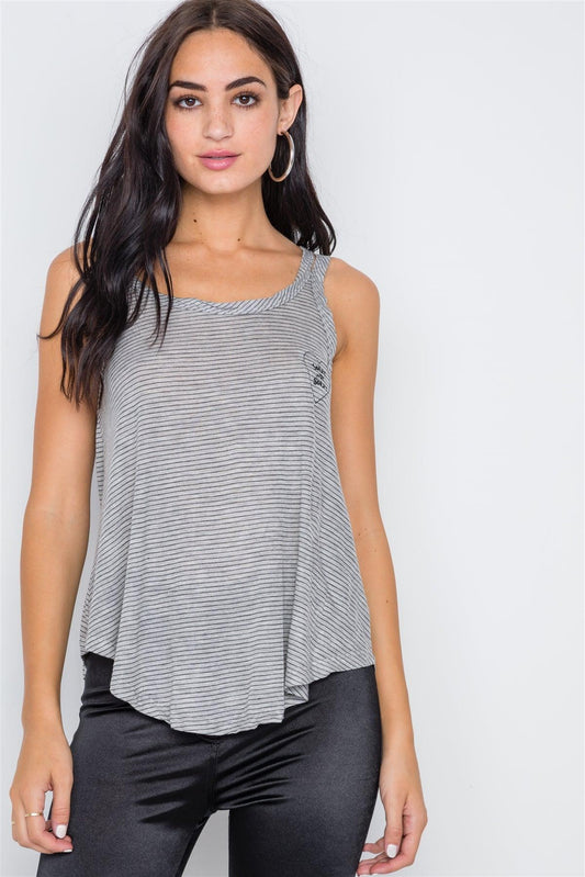 Grey Black Stripe Embroidery Heart Tank Top /1-2-2-1