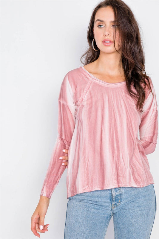 Mauve Tie-Dye Print High-Low Long Sleeve Top /2-2