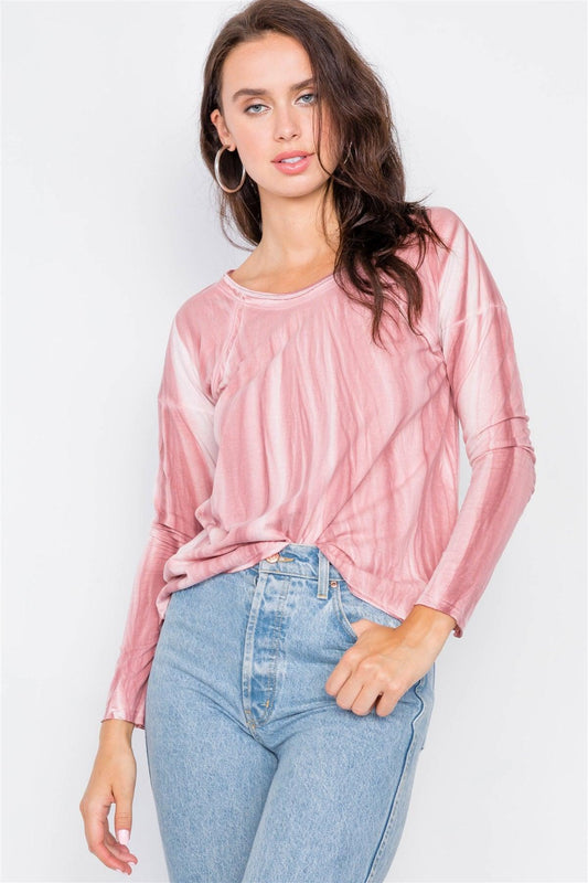 Mauve Tie-Dye Print High-Low Long Sleeve Top /2-2-2