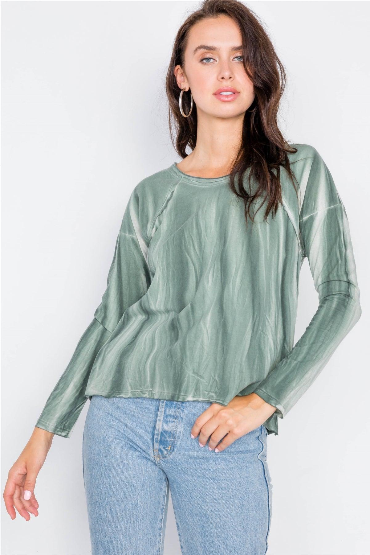 Sage Tie-Dye Print High-Low Long Sleeve Top /1-2-2