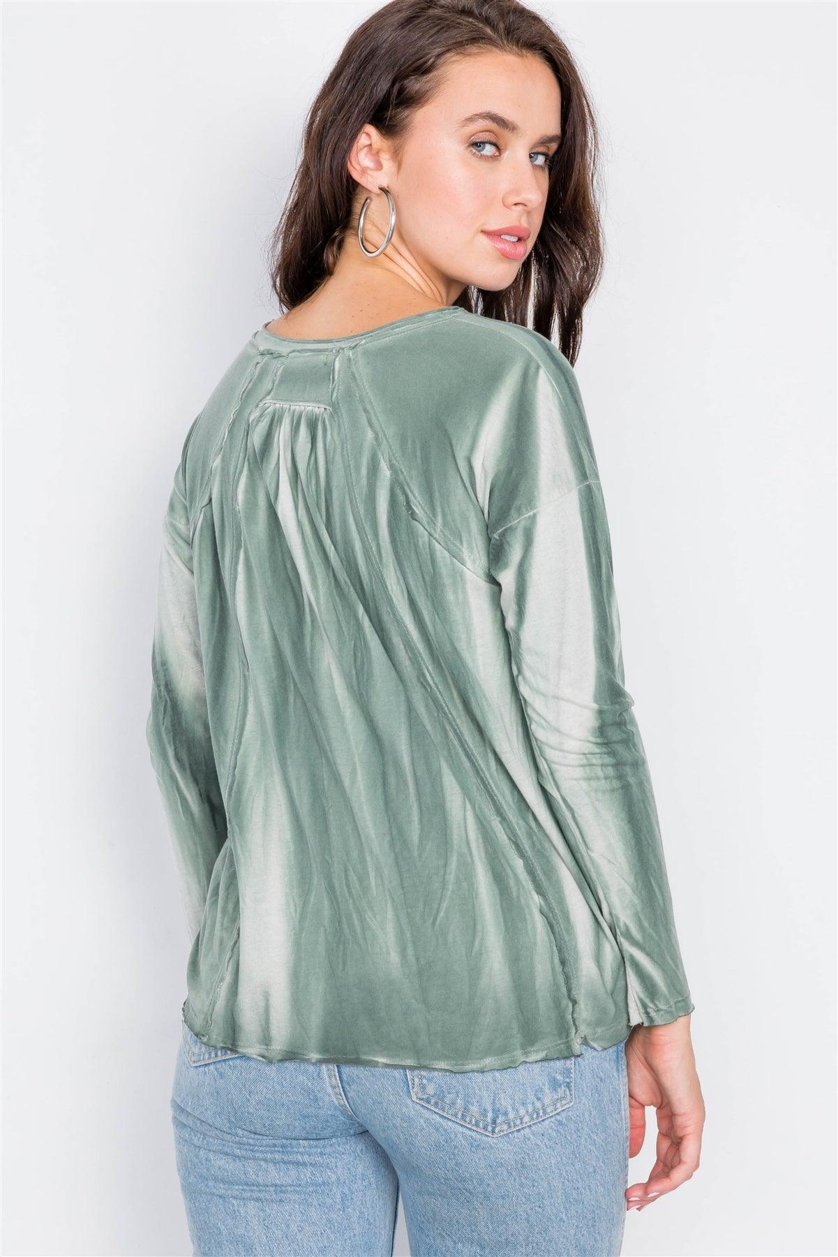 Sage Tie-Dye Print High-Low Long Sleeve Top /1-2-2