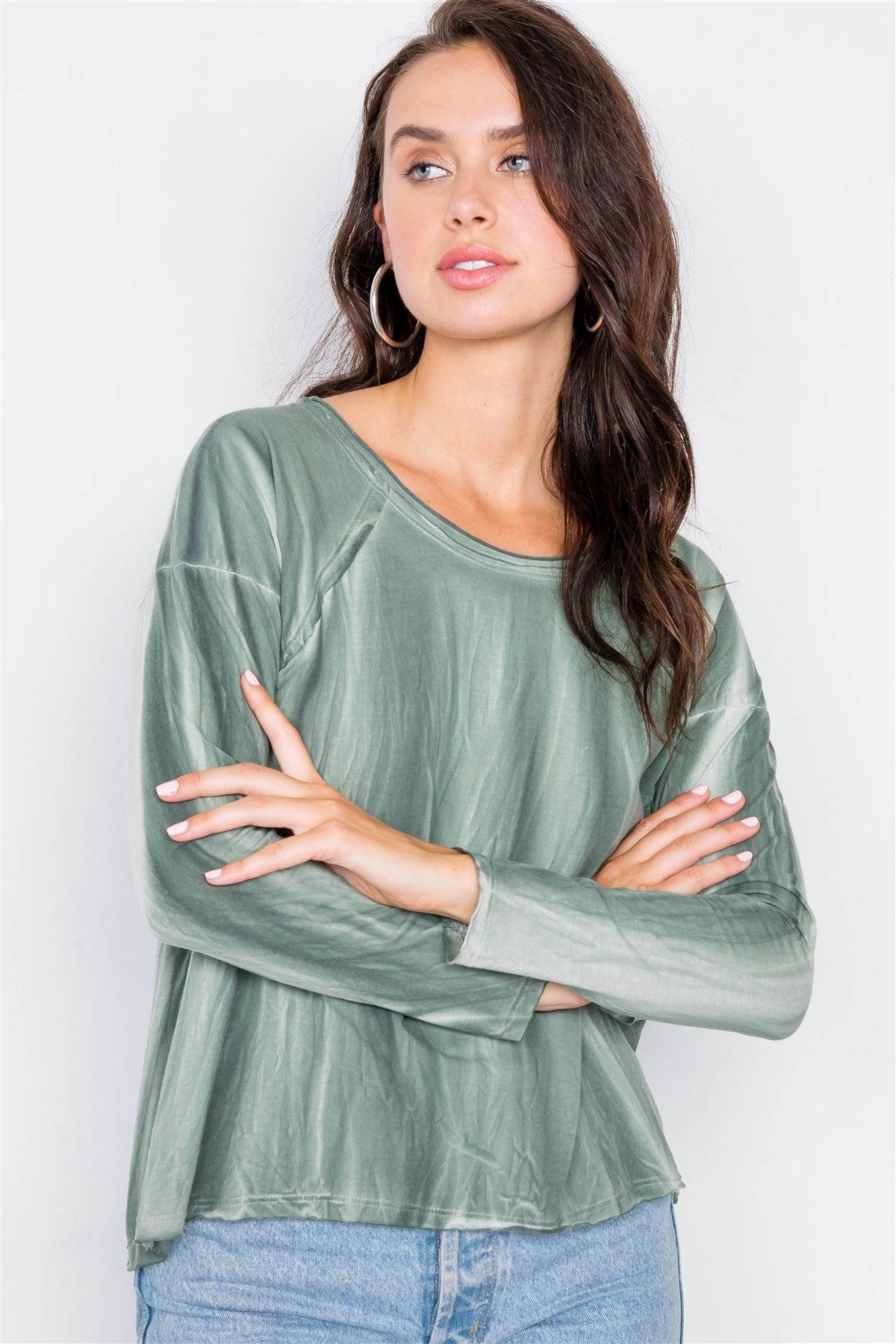 Sage Tie-Dye Print High-Low Long Sleeve Top /1-2-2