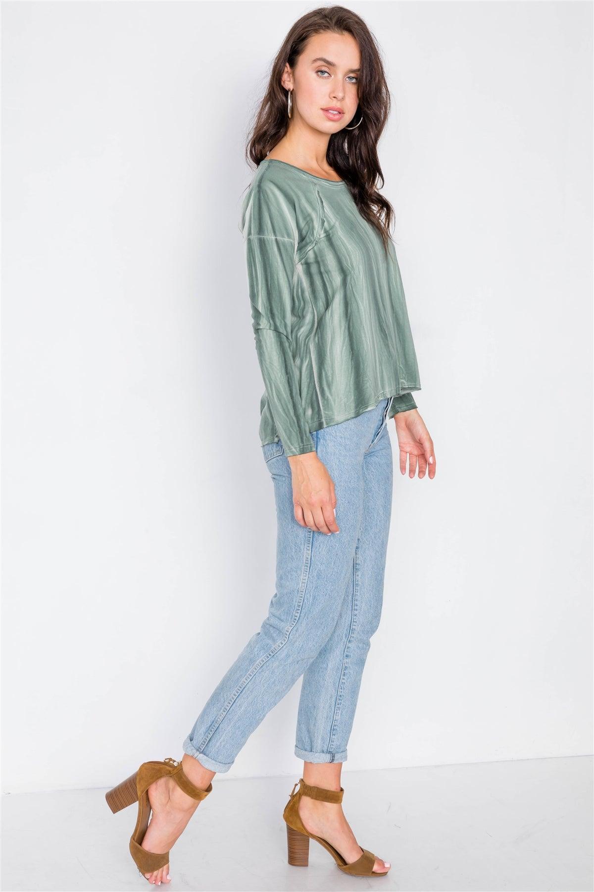 Sage Tie-Dye Print High-Low Long Sleeve Top /1-2-2