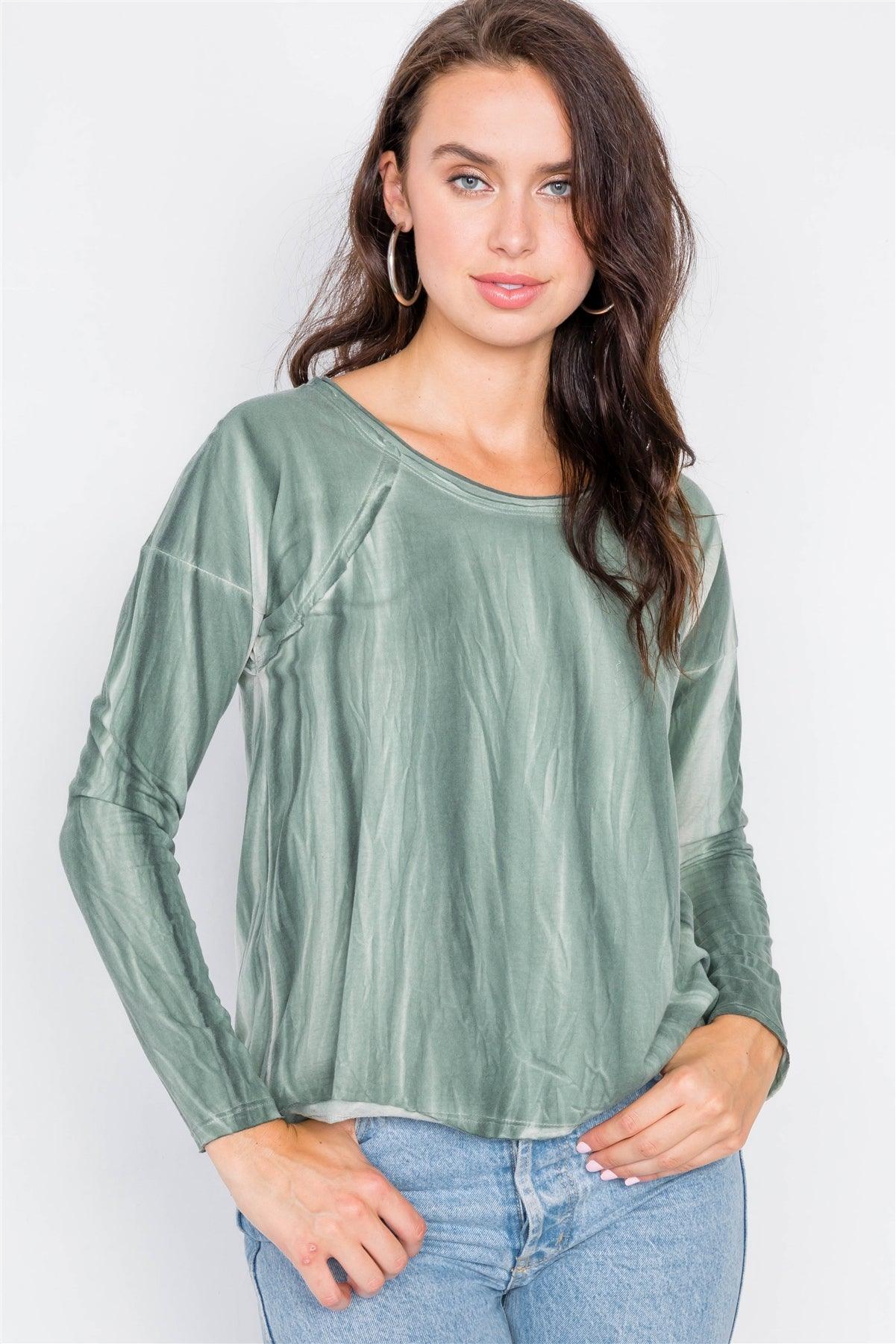 Sage Tie-Dye Print High-Low Long Sleeve Top /1-2-2