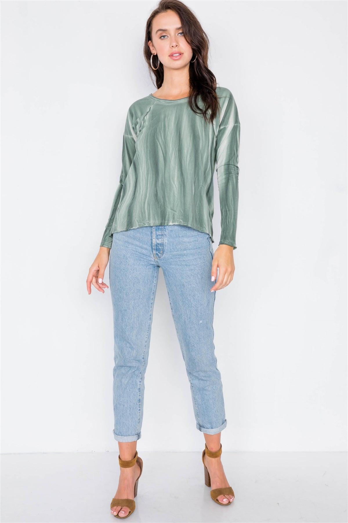 Sage Tie-Dye Print High-Low Long Sleeve Top /2-2-2