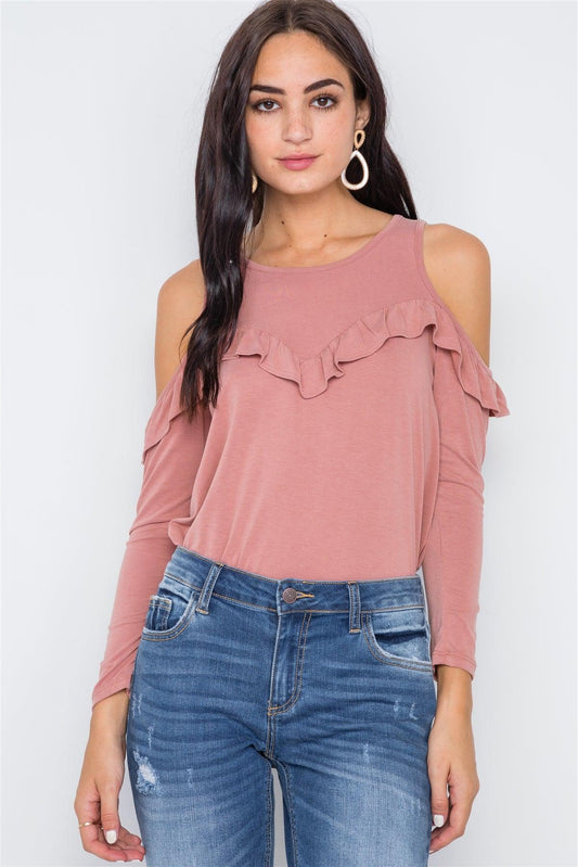 Dusty Rose Knit Cold Shoulder Ruffle Top /1-2-2-1