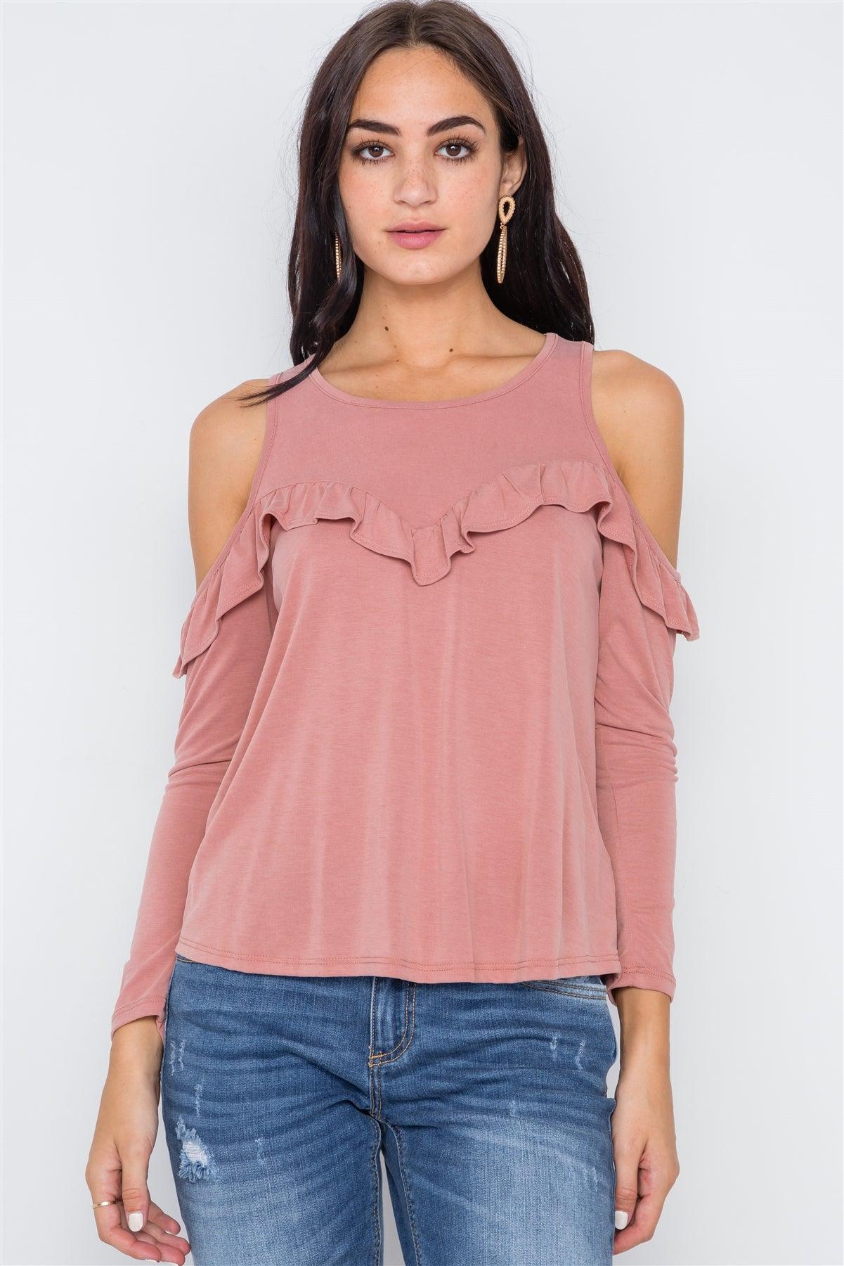 Dusty Rose Knit Cold Shoulder Ruffle Top /1-2-2-1