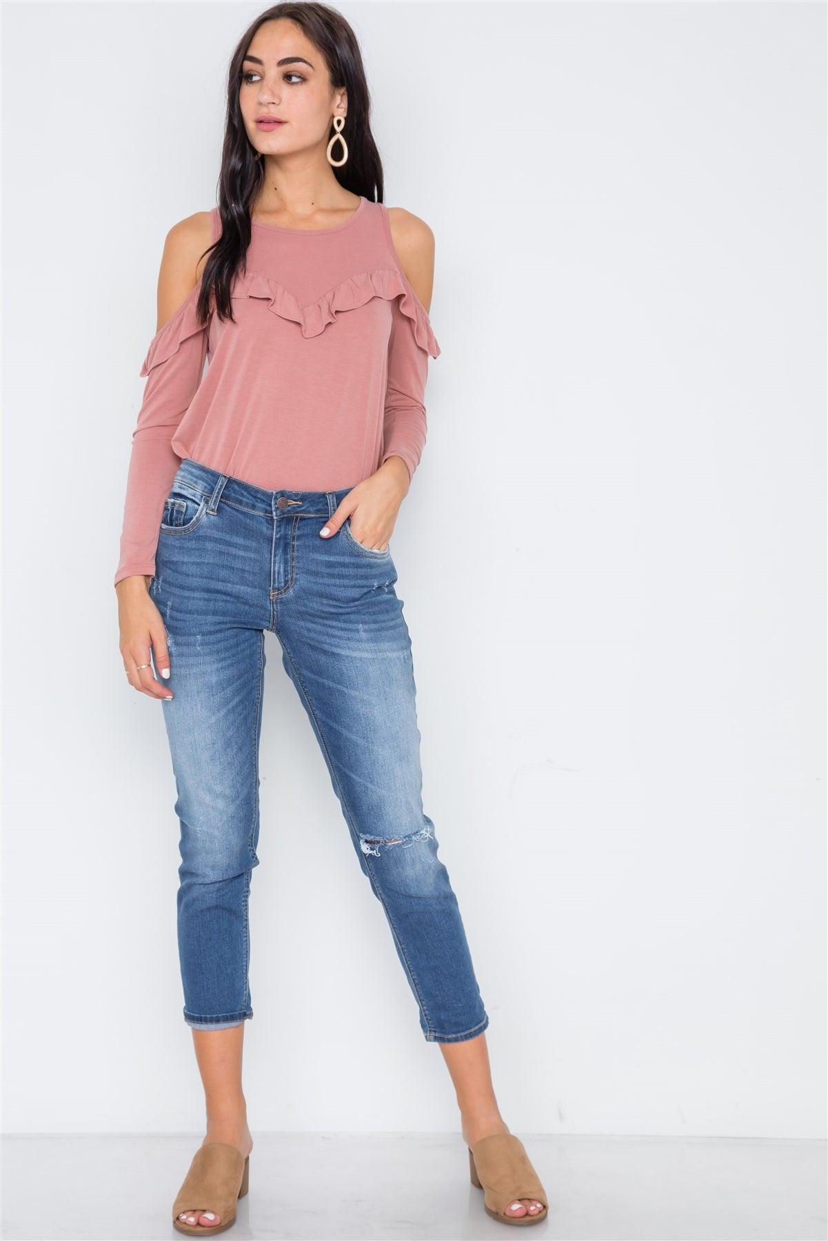 Dusty Rose Knit Cold Shoulder Ruffle Top /1-2-2-1