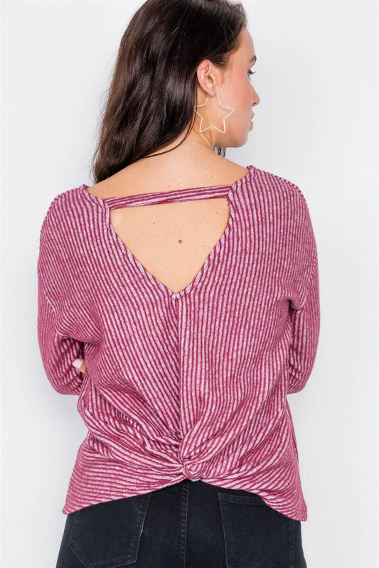 Burgundy Long Sleeve Back Tie Knot Cut-Out V-Neck Sweater  /2-2-3