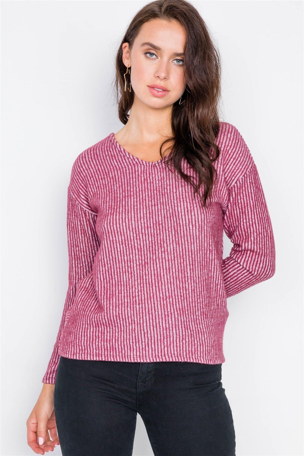 Burgundy Long Sleeve Back Tie Knot Cut-Out V-Neck Sweater  /2-2-3