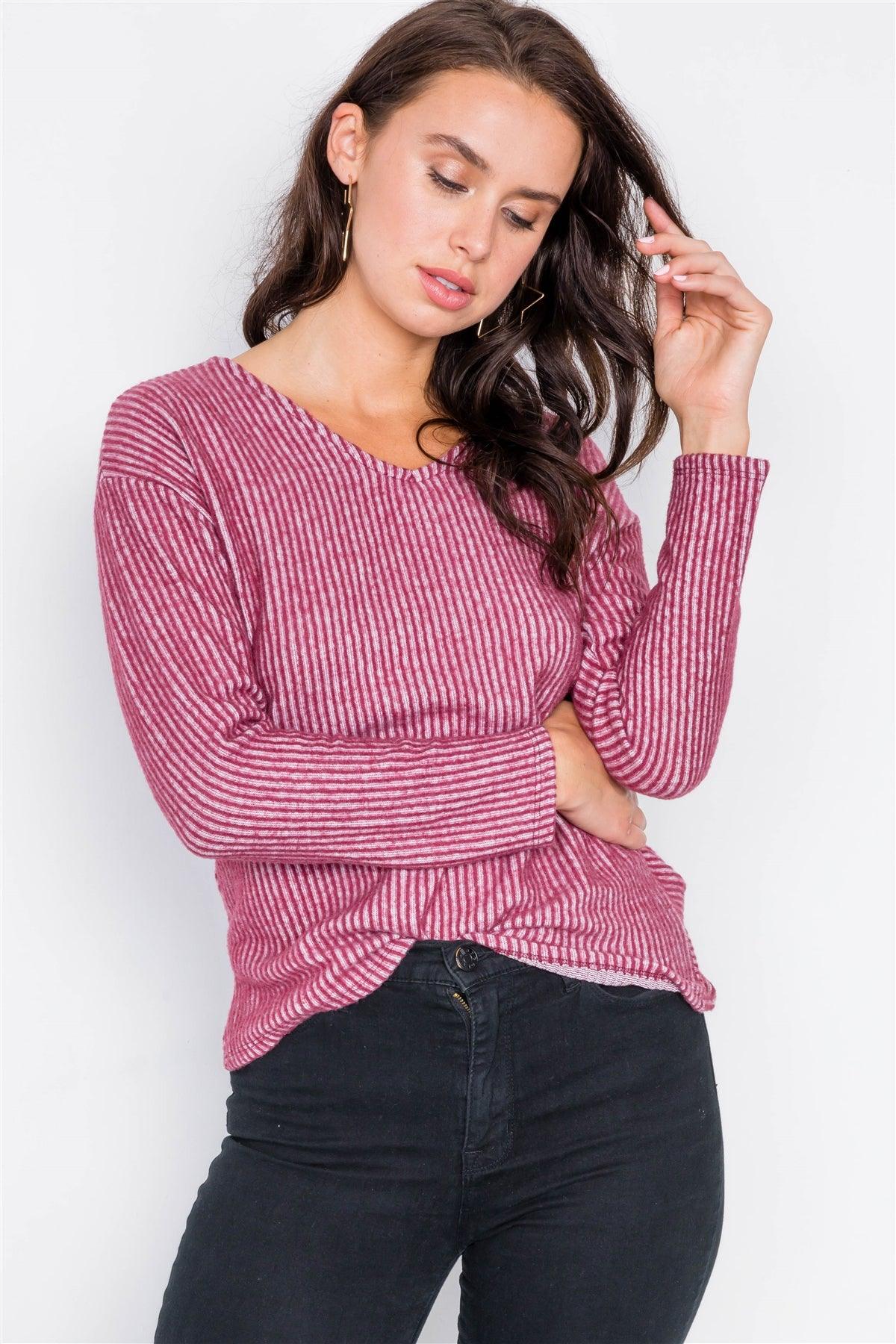 Burgundy Long Sleeve Back Tie Knot Cut-Out V-Neck Sweater  /2-2-3