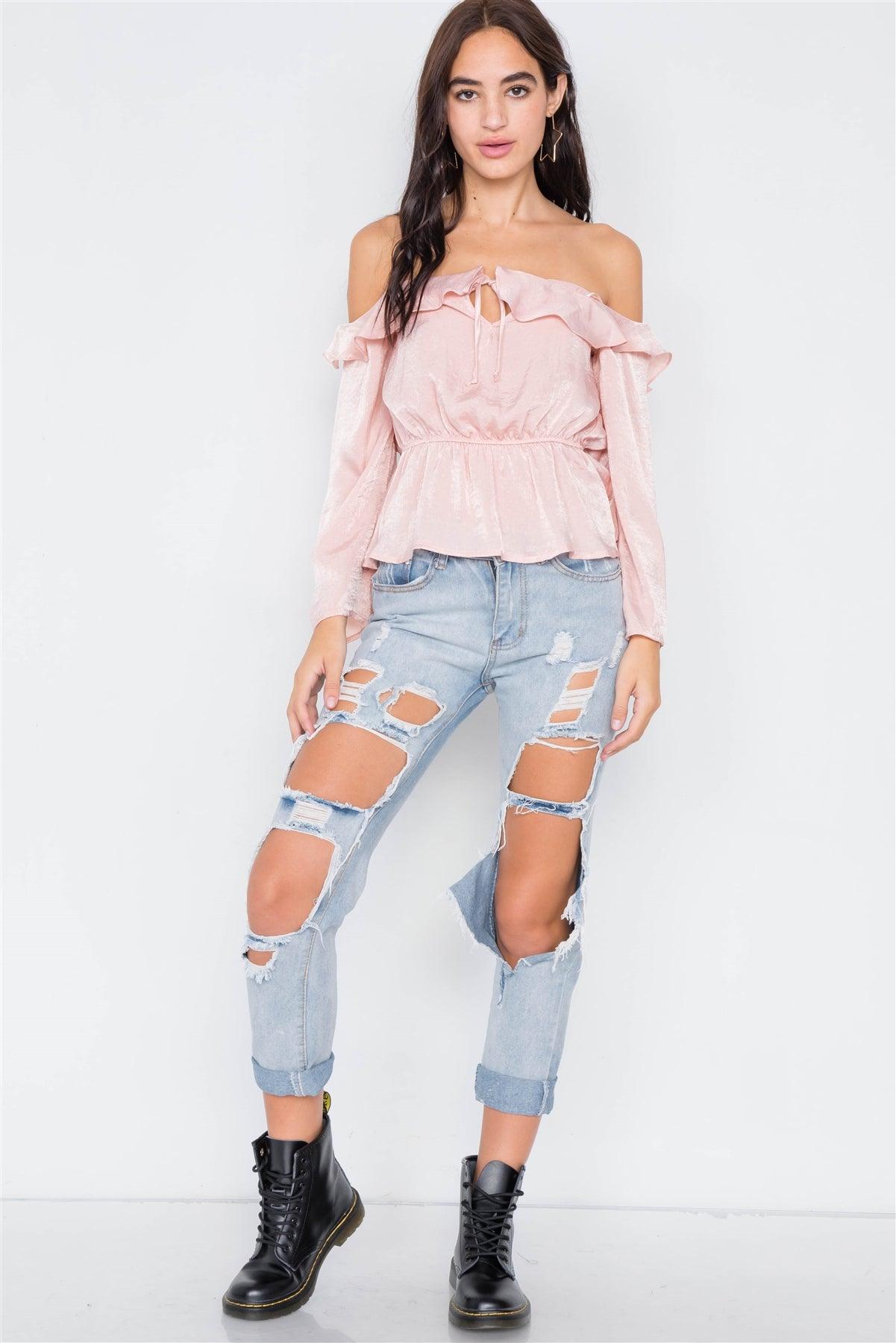 Silk Blush Off-The-Shoulder Flounce Crop Top /2-2-2