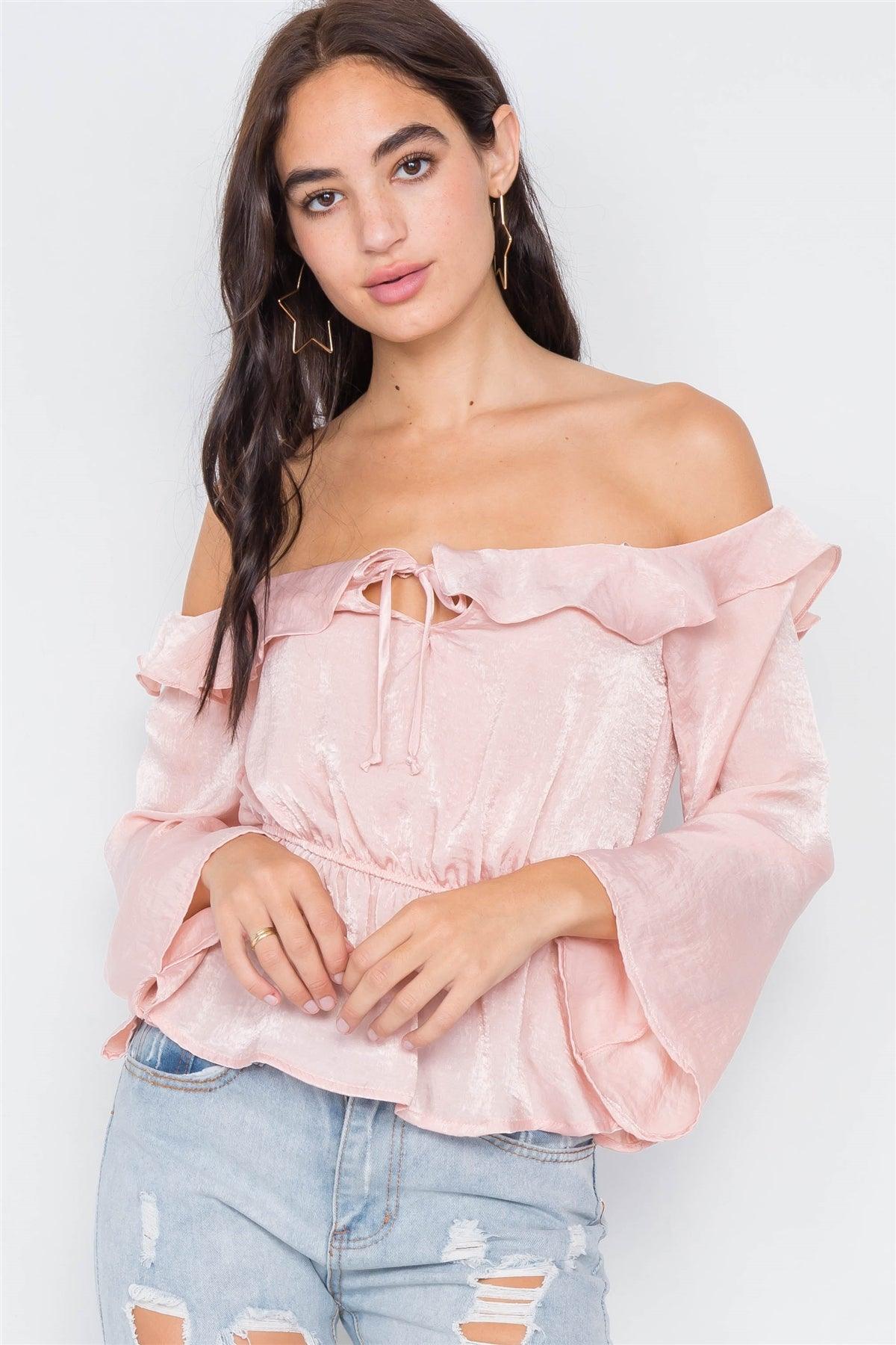 Silk Blush Off-The-Shoulder Flounce Crop Top /2-2-2