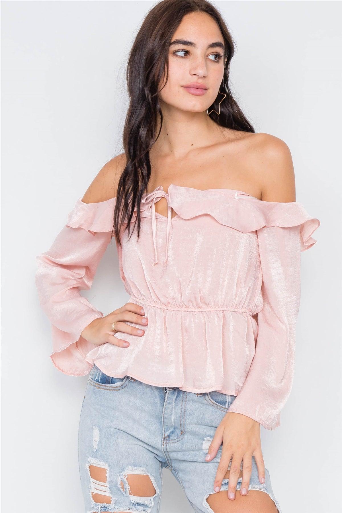 Silk Blush Off-The-Shoulder Flounce Crop Top /2-2-2