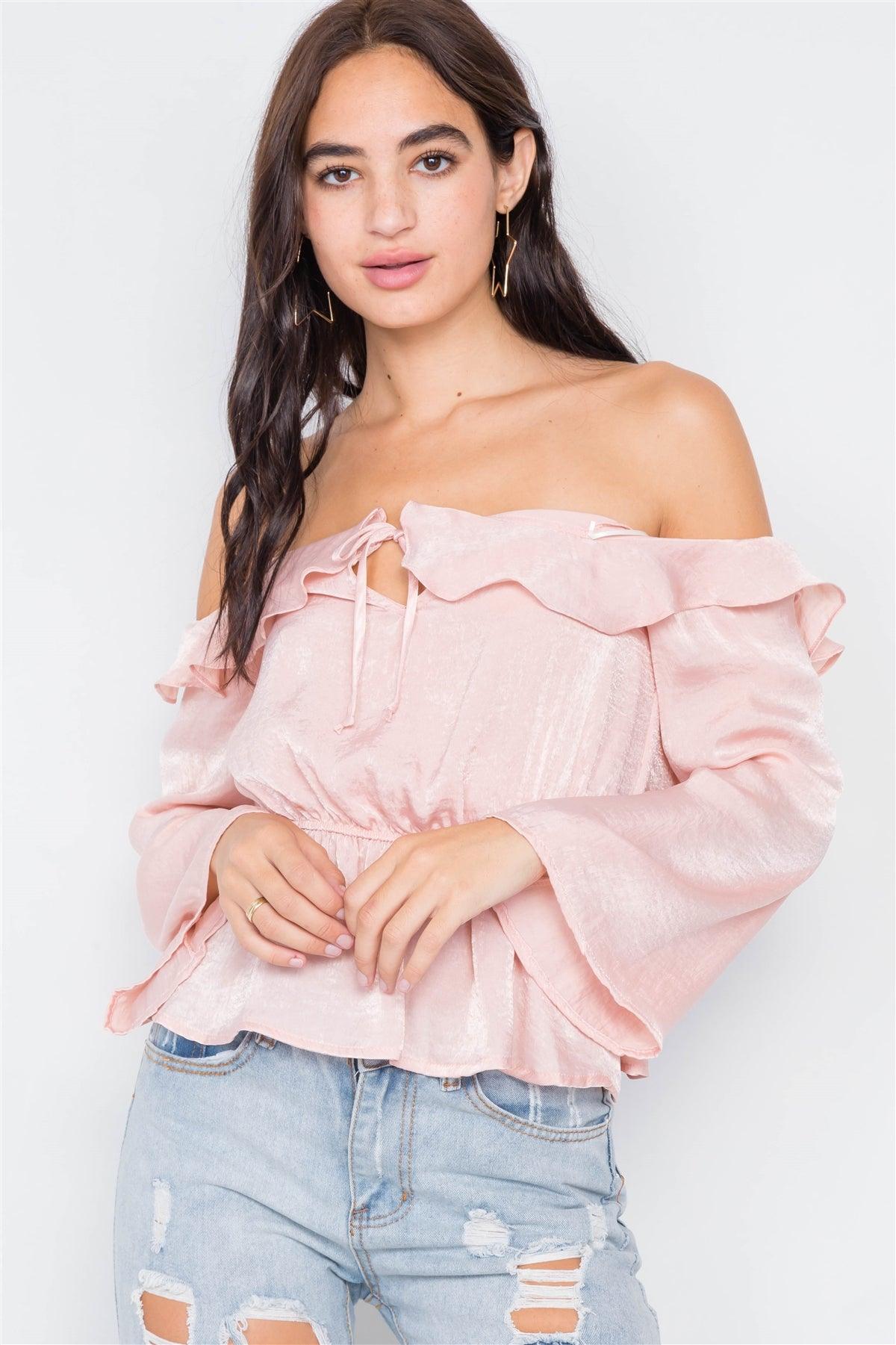 Silk Blush Off-The-Shoulder Flounce Crop Top  /1-3-2