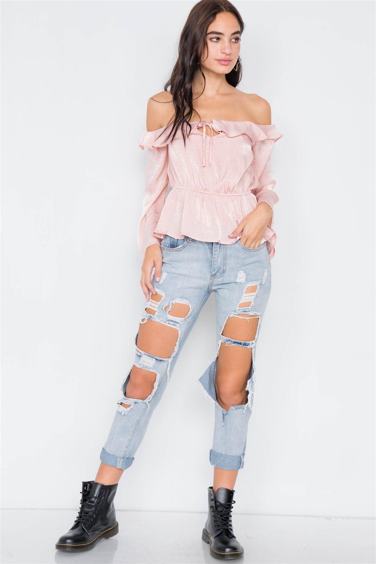 Silk Blush Off-The-Shoulder Flounce Crop Top  /1-3-2