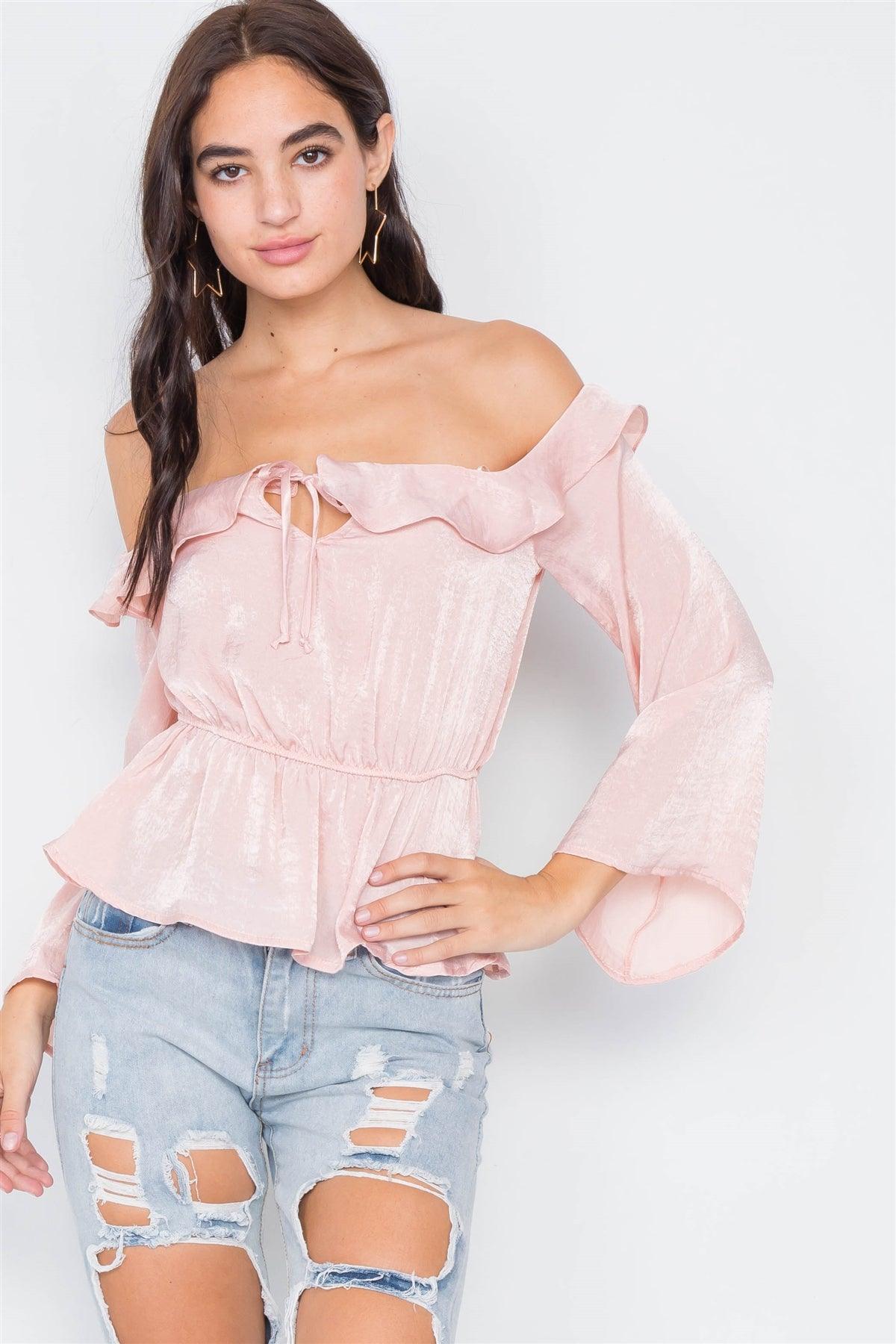 Silk Blush Off-The-Shoulder Flounce Crop Top  /1-3-2