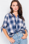 Denim Blue High-Low Knot 3/4 Sleeve Plaid Top / 2-2-2