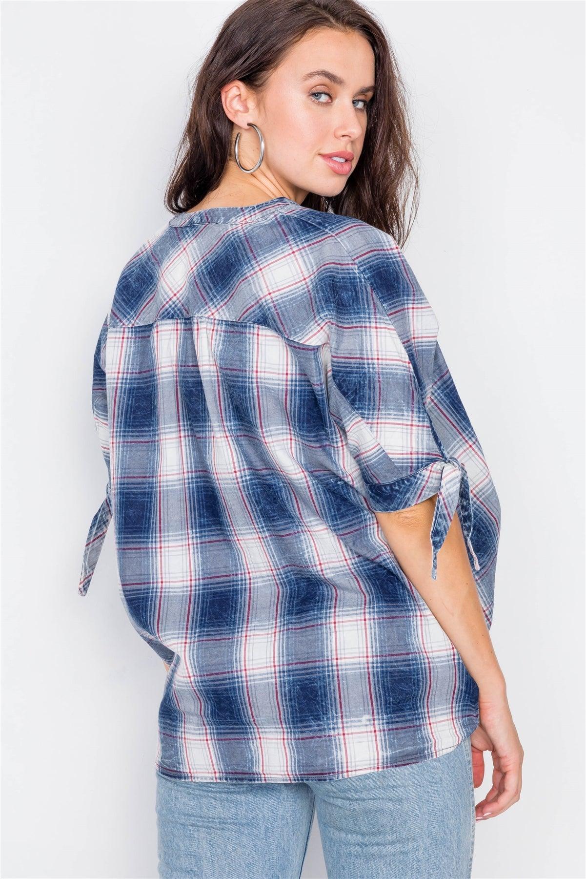 Denim Blue High-Low Knot 3/4 Sleeve Plaid Top / 2-2-2