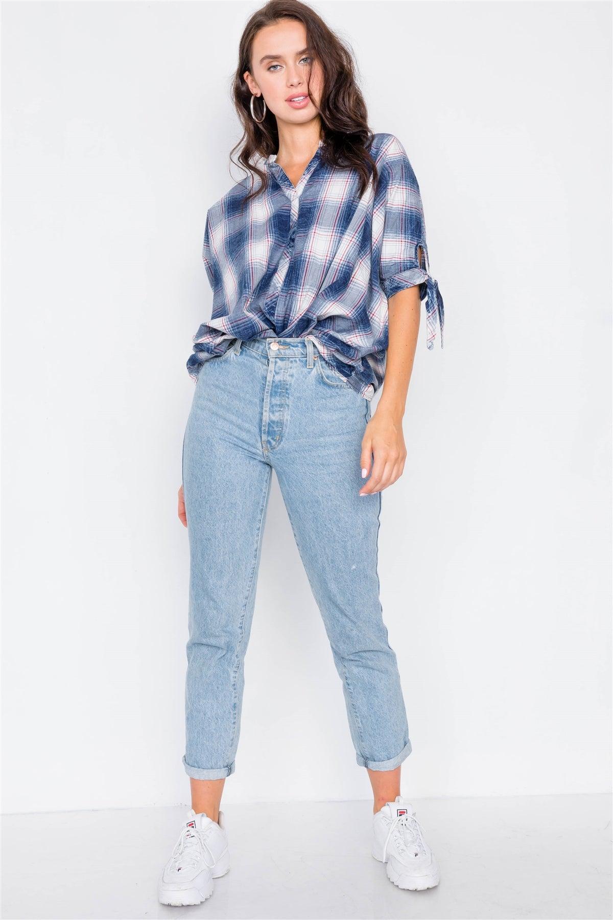 Denim Blue High-Low Knot 3/4 Sleeve Plaid Top / 2-2-2