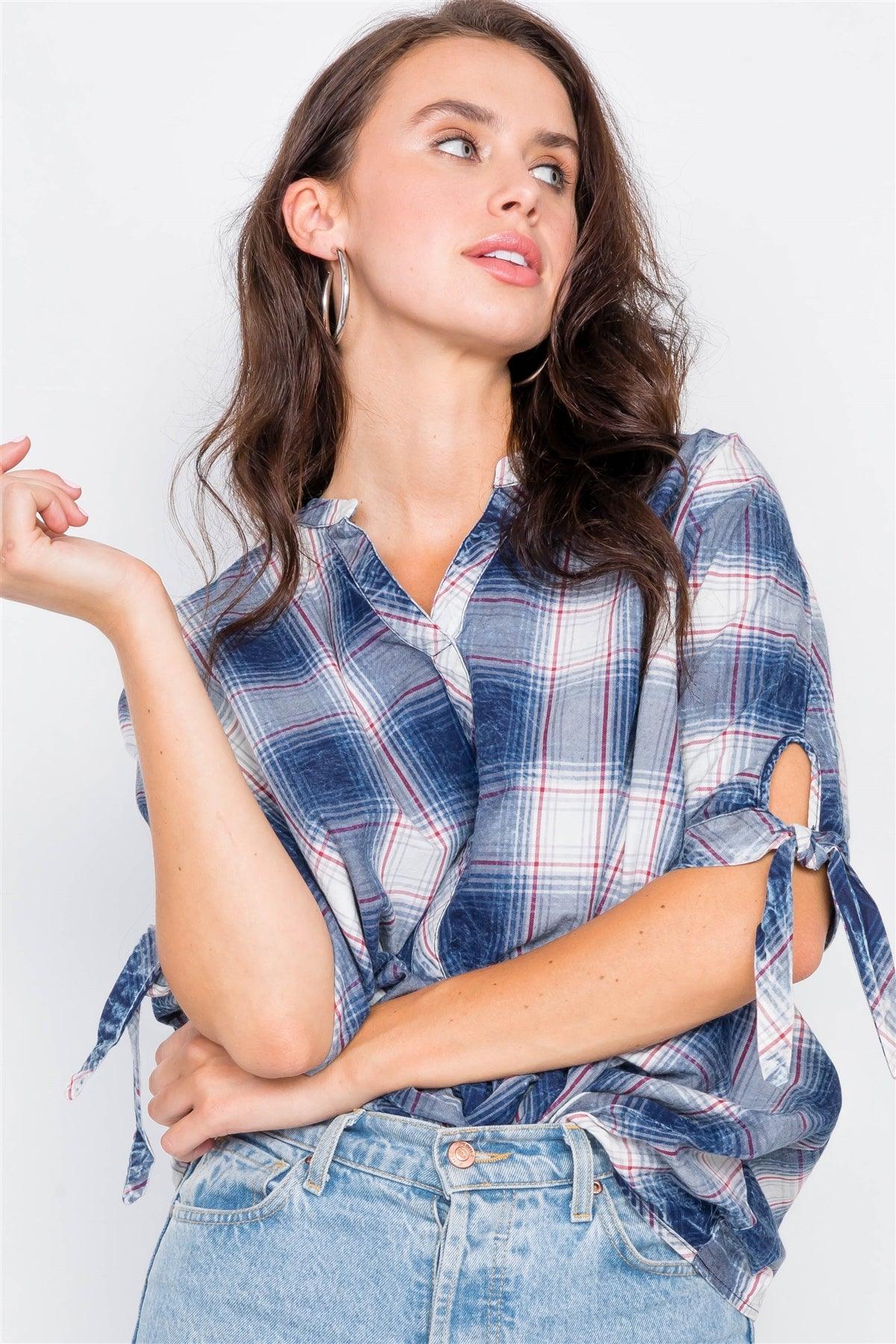 Denim Blue High-Low Knot 3/4 Sleeve Plaid Top / 2-2-2