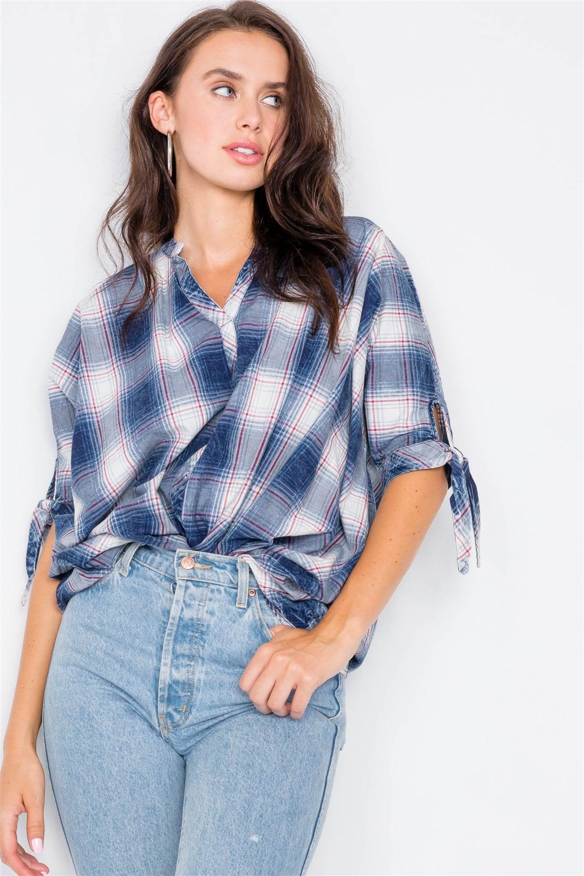 Denim Blue High-Low Knot 3/4 Sleeve Plaid Top / 2-2-2