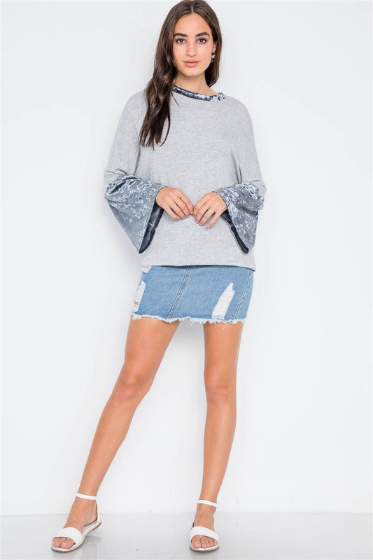 Grey Combo Velvet Bell Sleeves Sweater