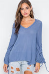 Blue V-Neck Long Sleeve Knit Ribbed Top / 2-2-2