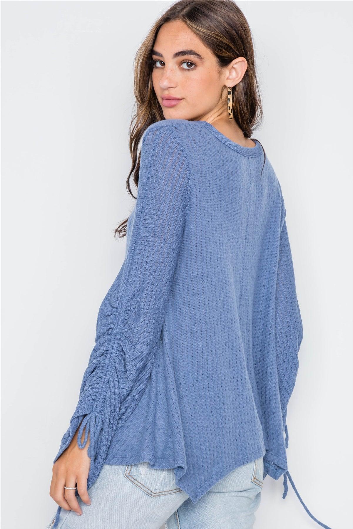 Blue V-Neck Long Sleeve Knit Ribbed Top / 2-2-2