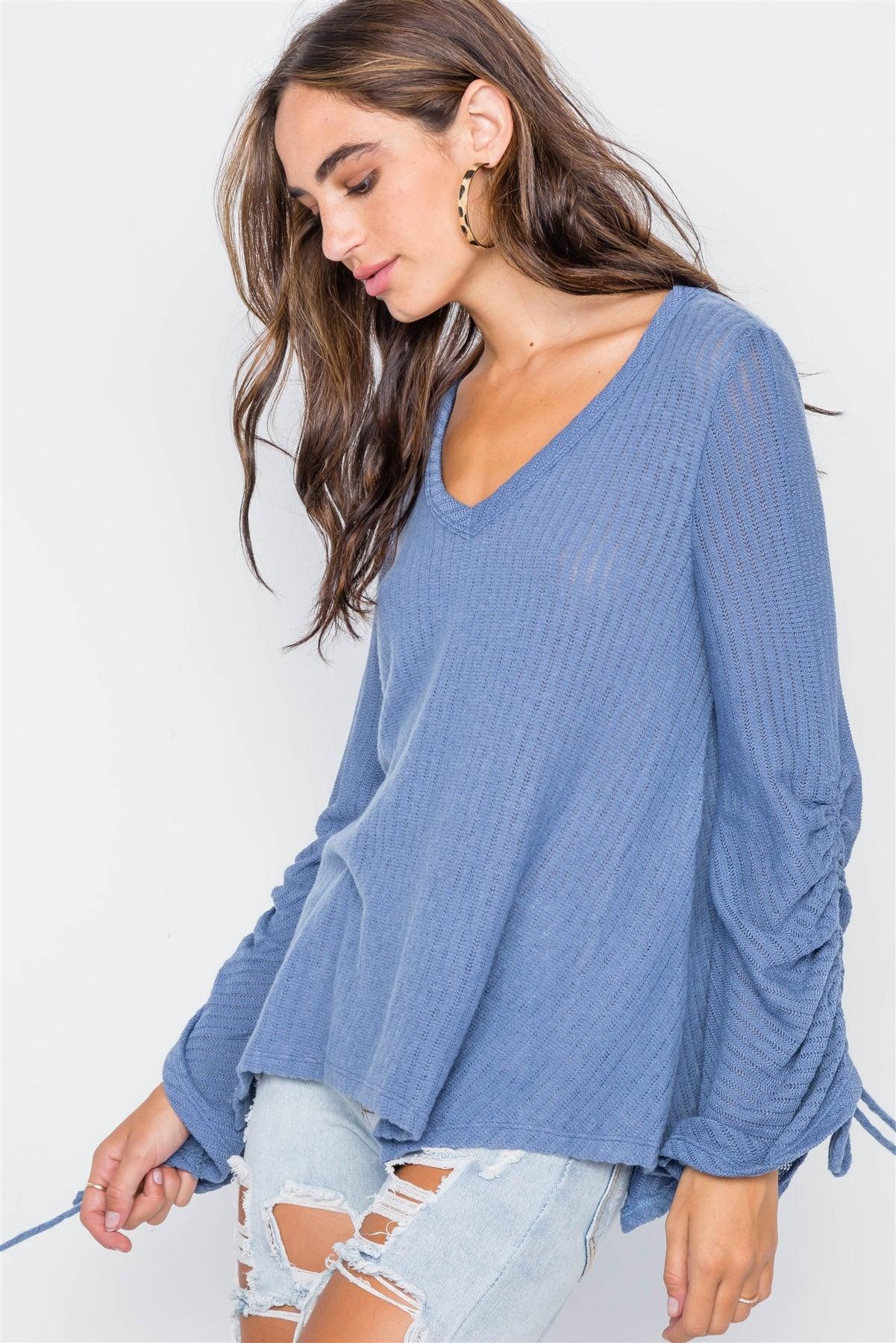 Blue V-Neck Long Sleeve Knit Ribbed Top / 2-2-2