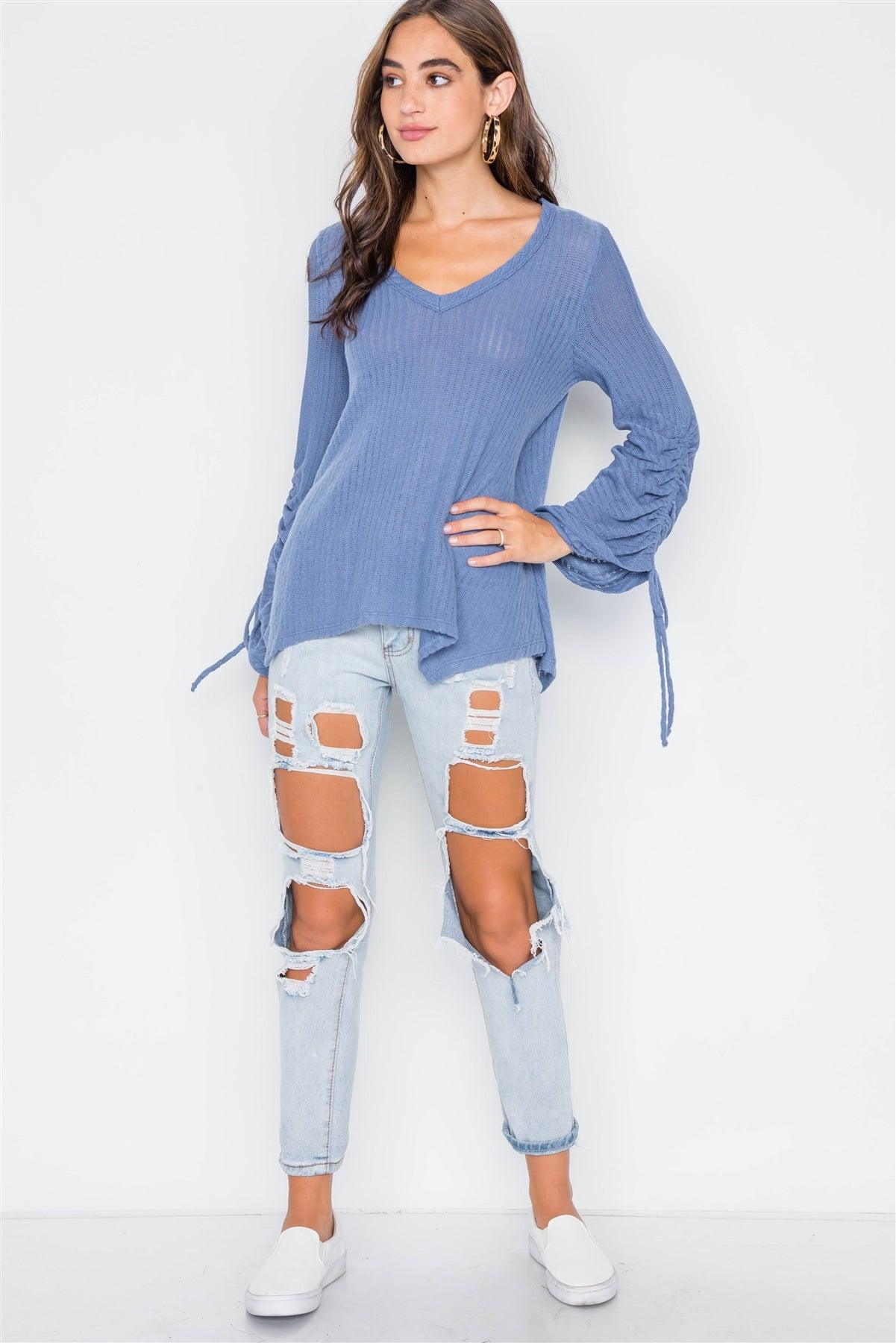 Blue V-Neck Long Sleeve Knit Ribbed Top / 2-2-2