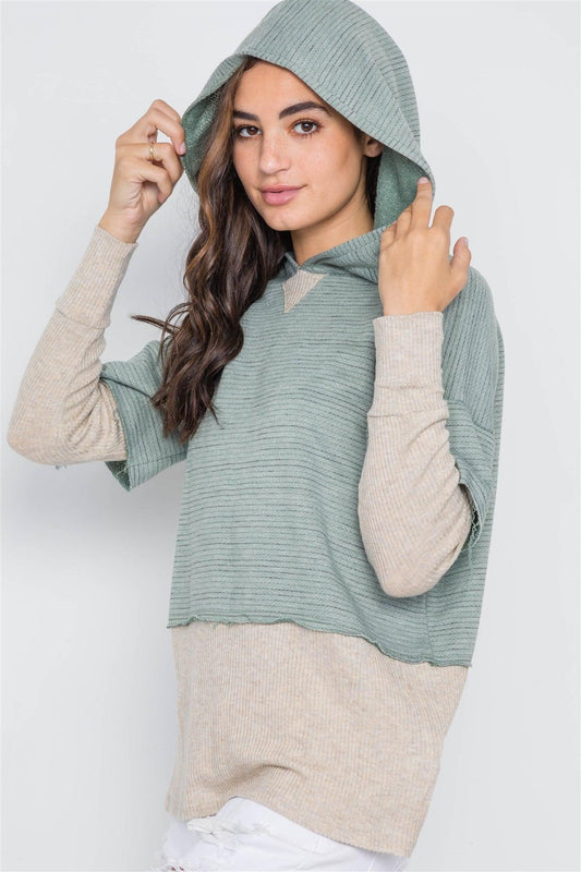 Dark Sage Combo Hooded Long Sleeve Sweater /1-2-2