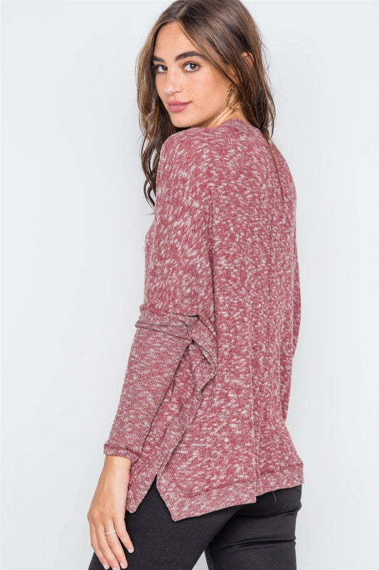 Burgundy Heathered Dolman Sleeves Knit Sweater Top