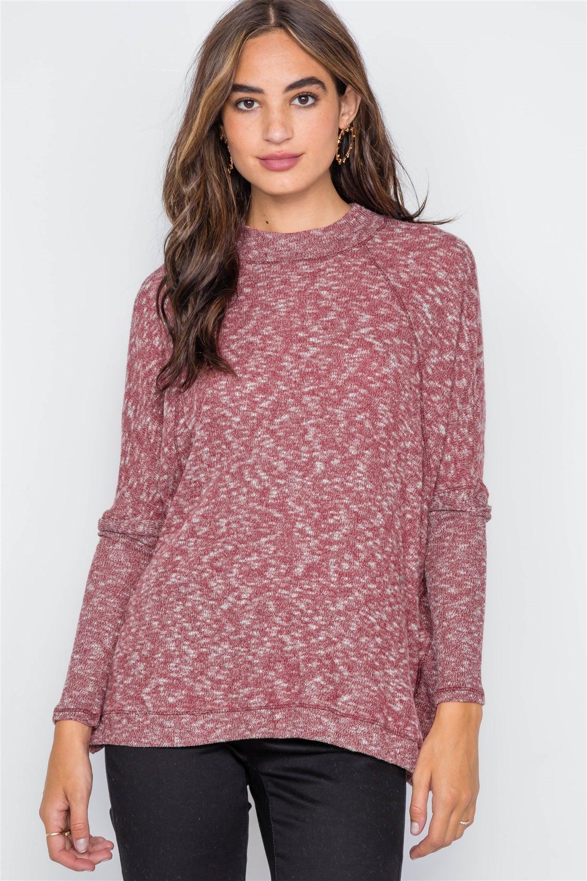 Burgundy Heathered Dolman Sleeves Knit Sweater Top / 2-2-2