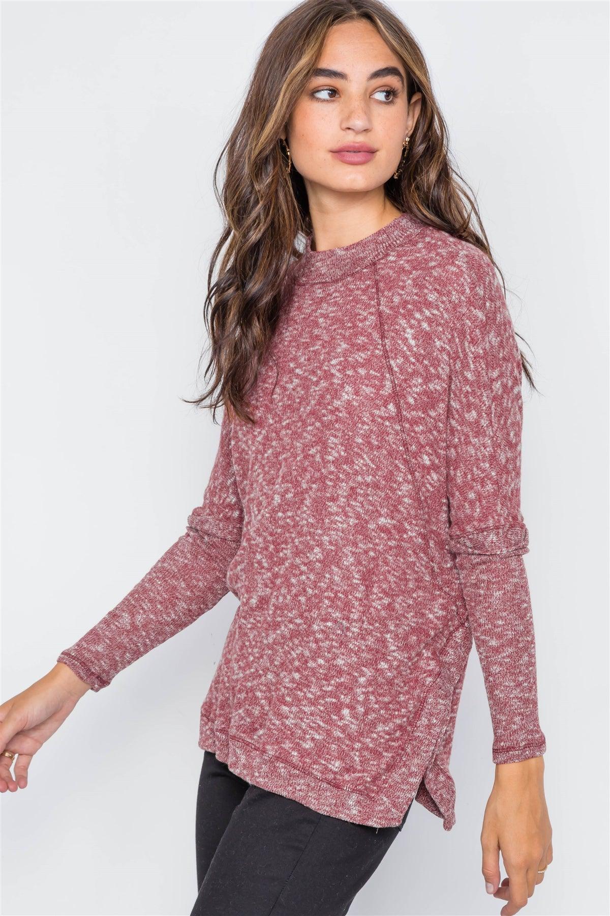 Burgundy Heathered Dolman Sleeves Knit Sweater Top / 2-2-2