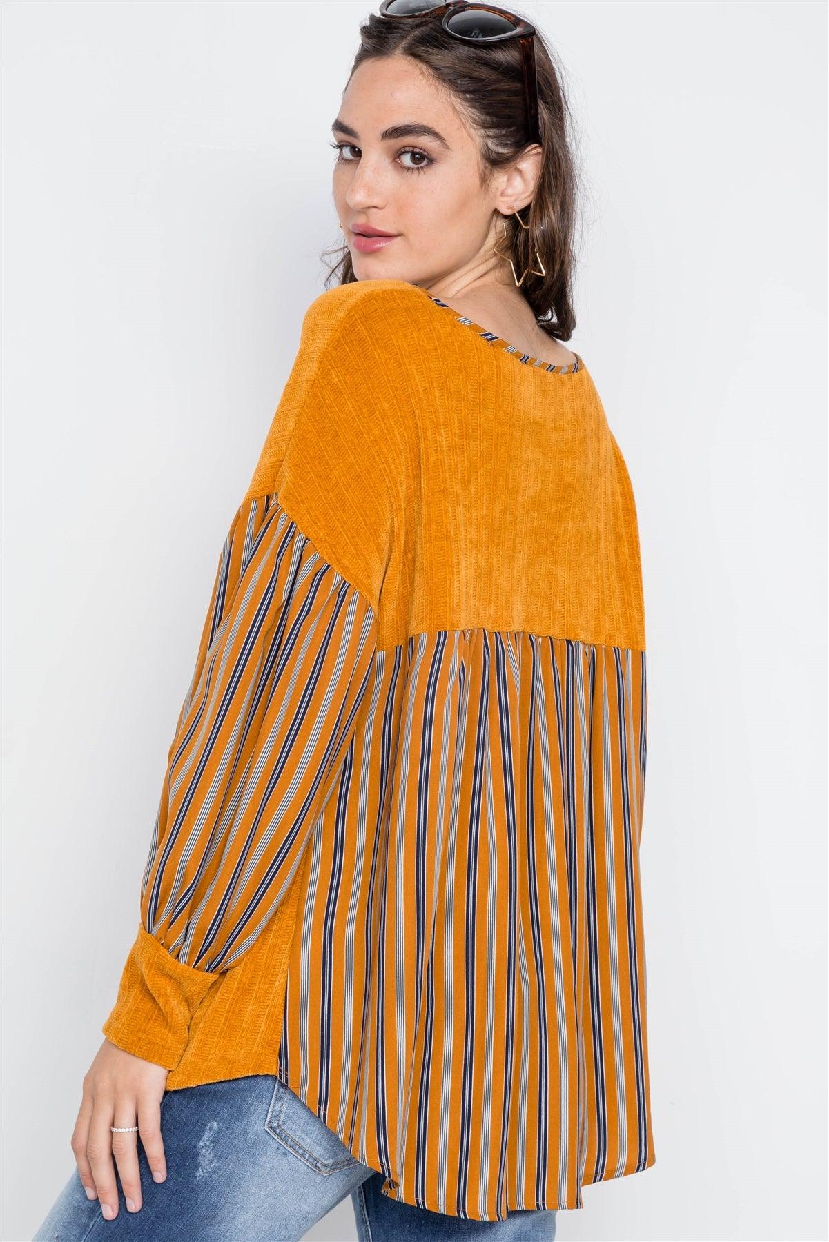 Mustard Long Sleeves Vertical Stripes Top /2-2-2