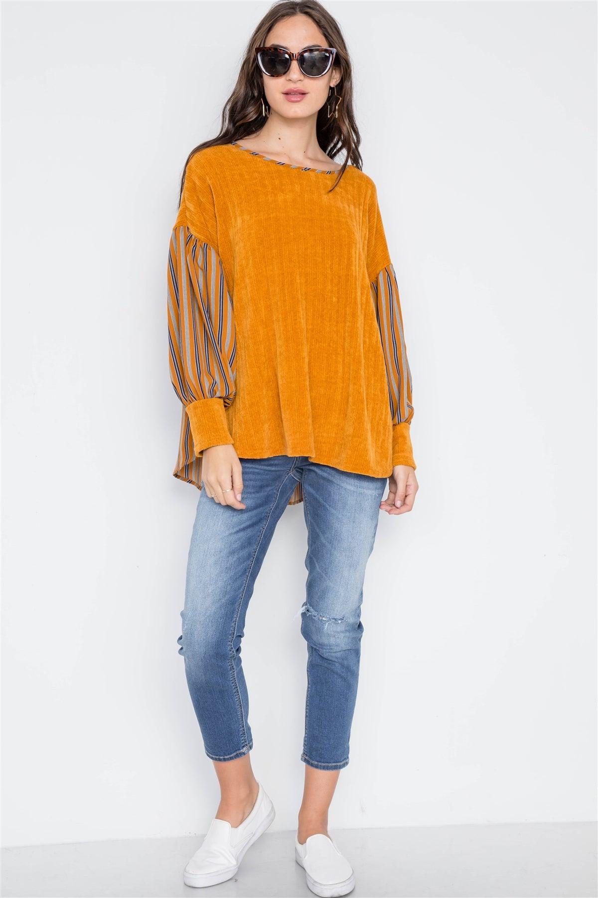 Mustard Long Sleeves Vertical Stripes Top /2-2-2