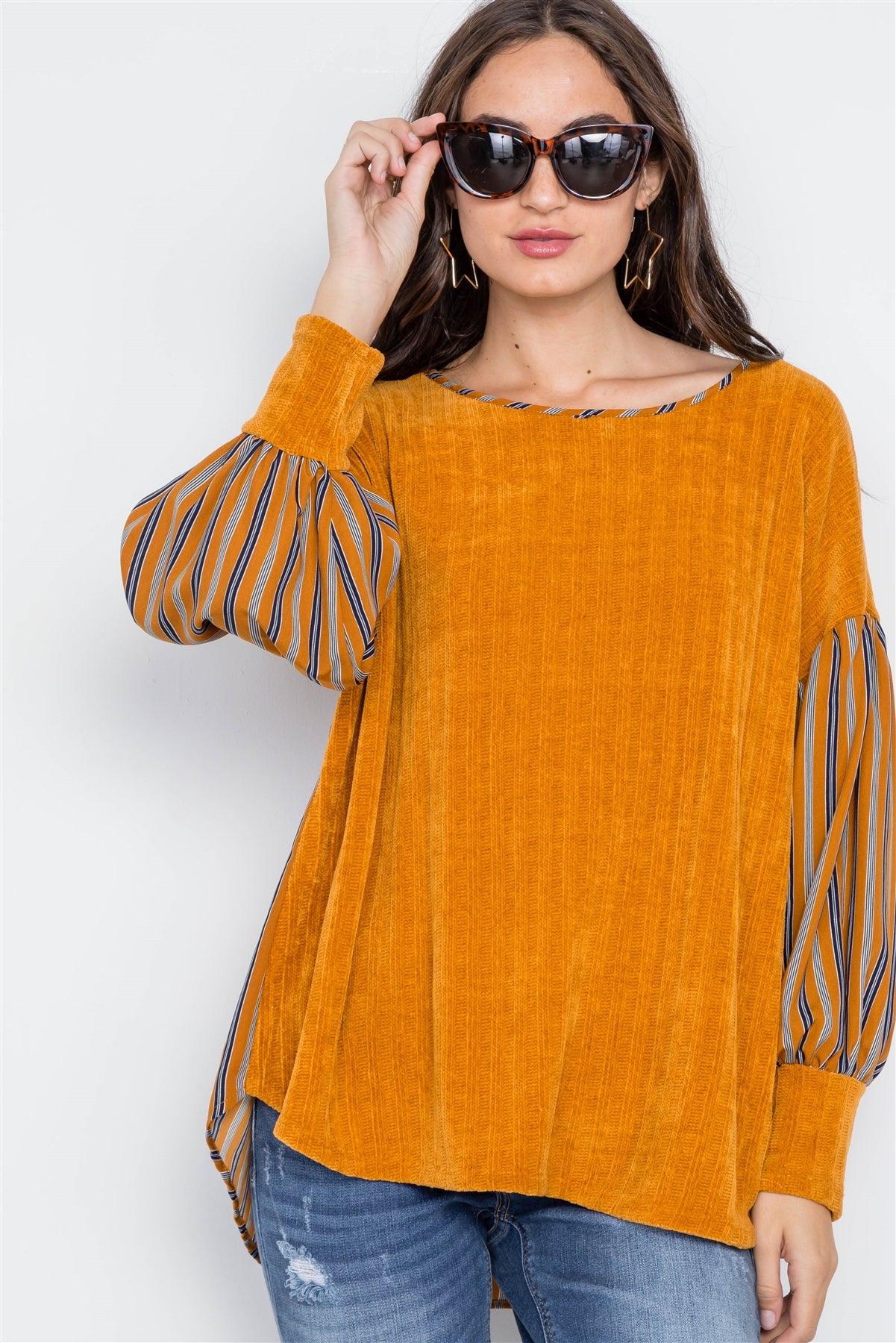 Mustard Long Sleeves Vertical Stripes Top /2-2-3