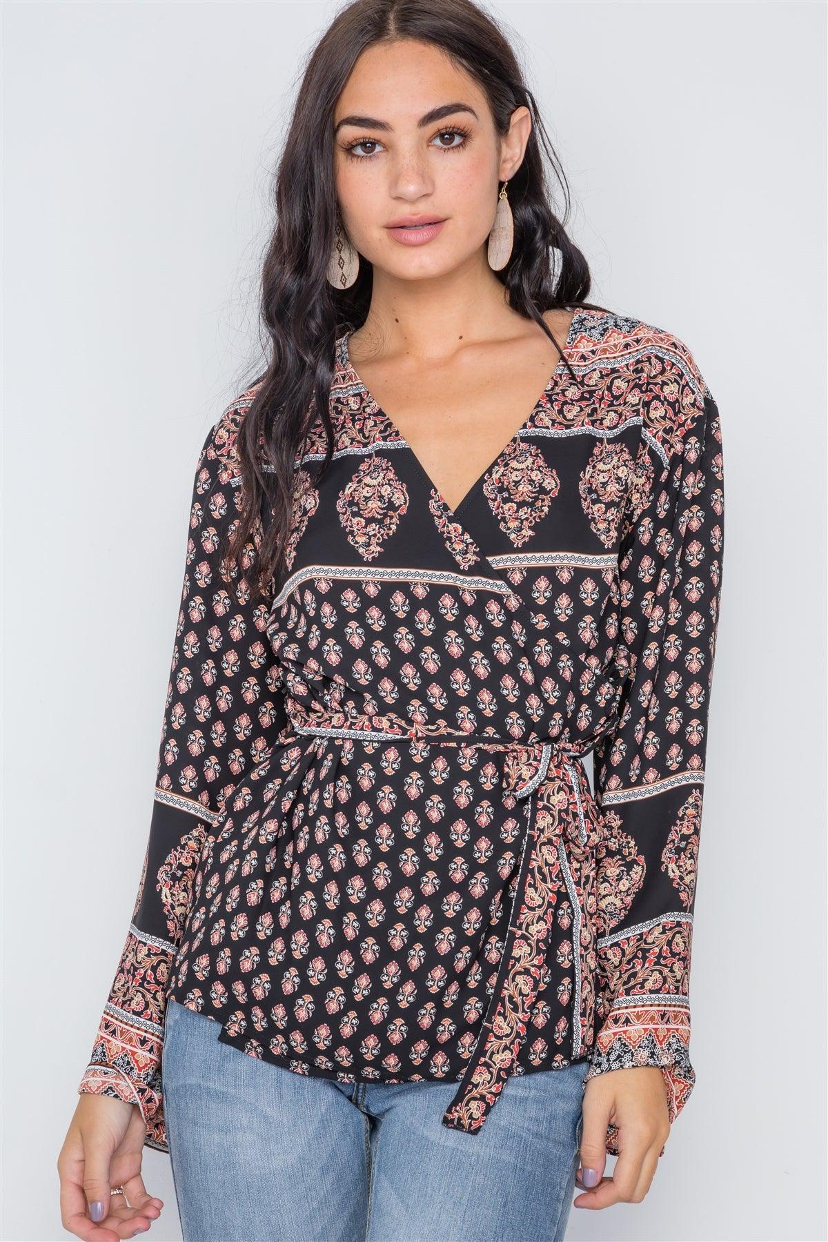 Black Rust Long Kimono Sleeves Wrap Top /2-2-2