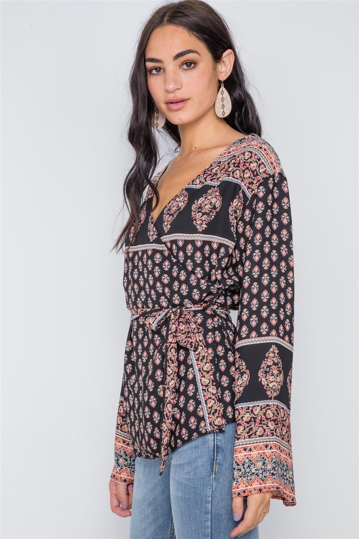 Black Rust Long Kimono Sleeves Wrap Top /2-2-2