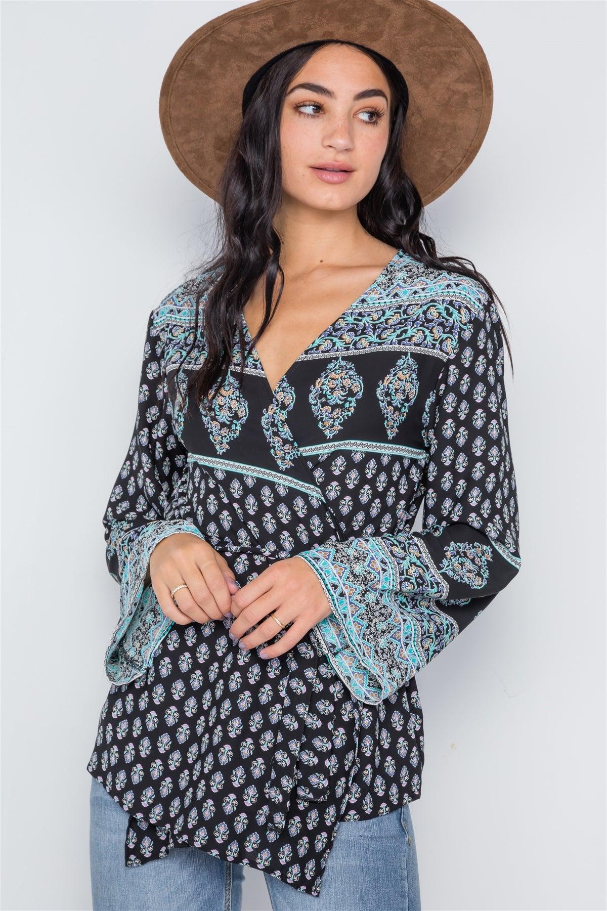 Black Turquoise Long Kimono Sleeves Wrap Top /2-2-2