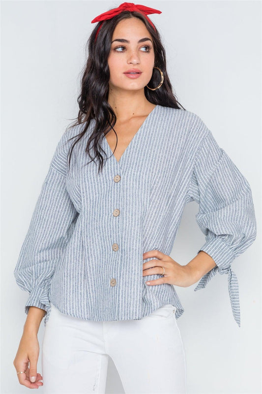 Grey Stripe Button Down Long Sleeve Boho Top /2-2-2