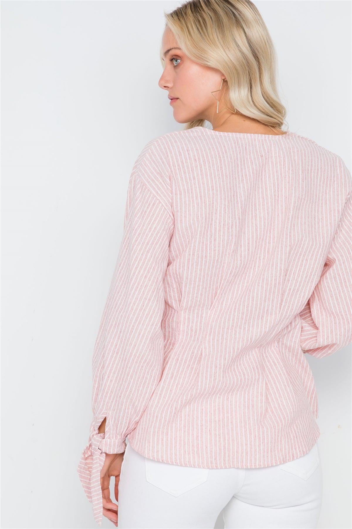 Pink Stripe Button Down Long Sleeve Boho Top /2-2-2