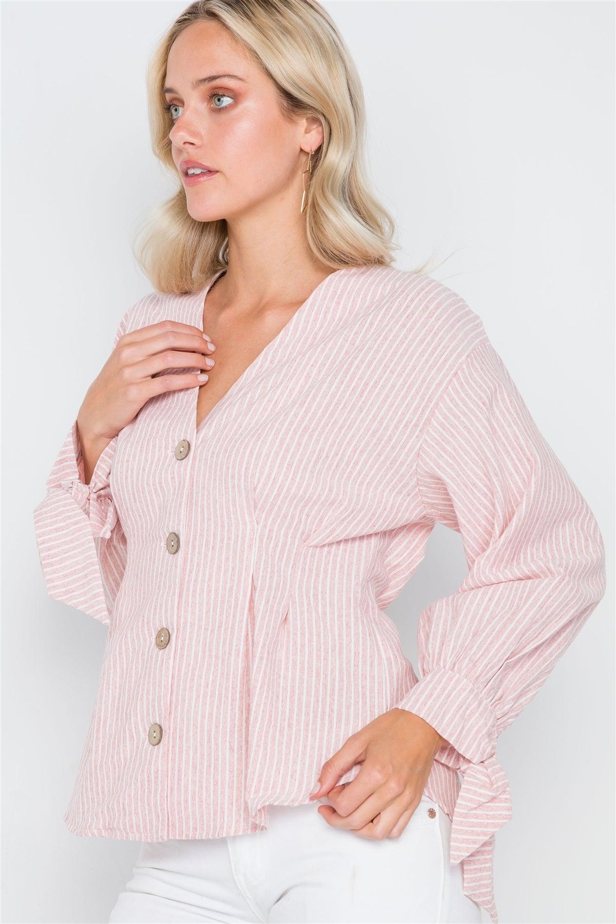 Pink Stripe Button Down Long Sleeve Boho Top /2-2-2