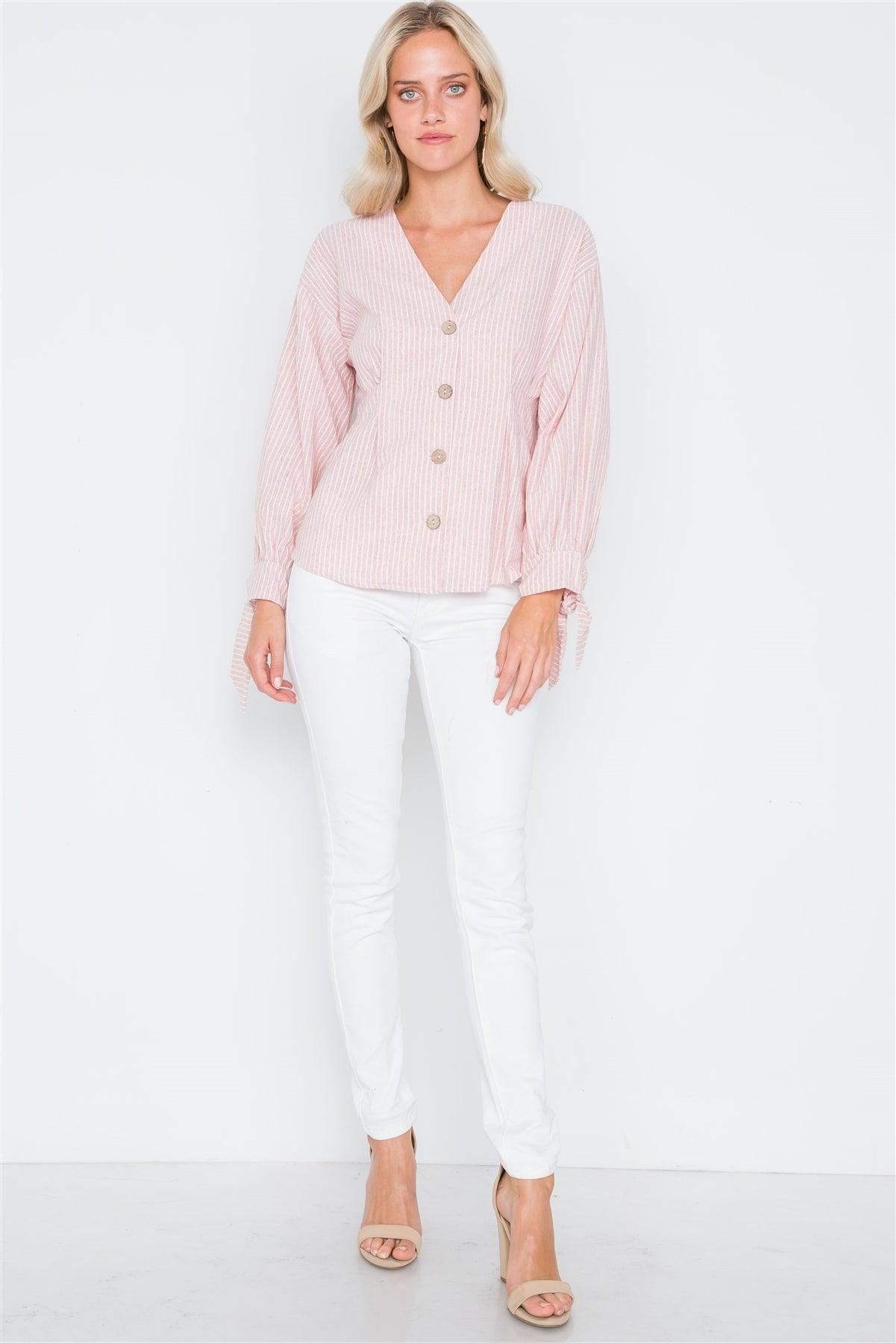 Pink Stripe Button Down Long Sleeve Boho Top /2-2-2