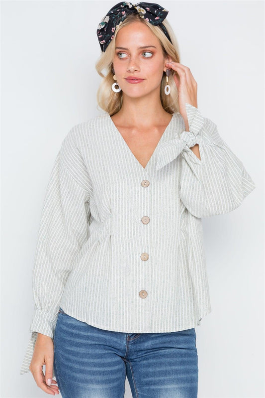 Sage Stripe Button Down Long Sleeve Boho Top /2-2-2