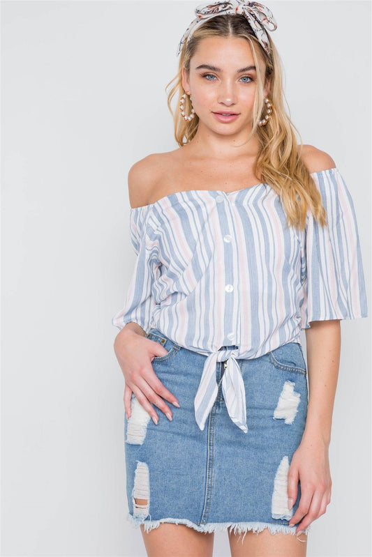 Blue Hem Stripe Button Front Self Tie Hem Top /2-2-2