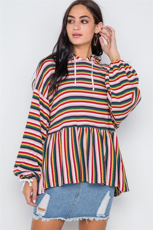 Red Mustard Geen Stripe Hooded Knit Sweater /2-2-2