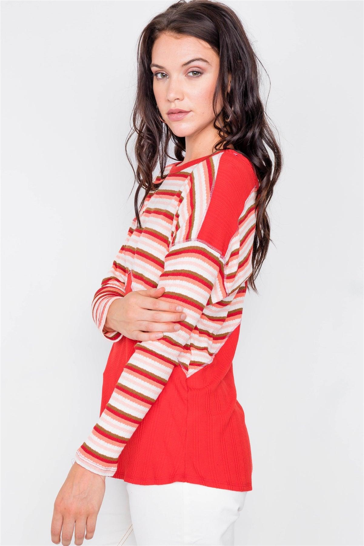 Red Criss-Cross Back Striped Top  / 3-2-2