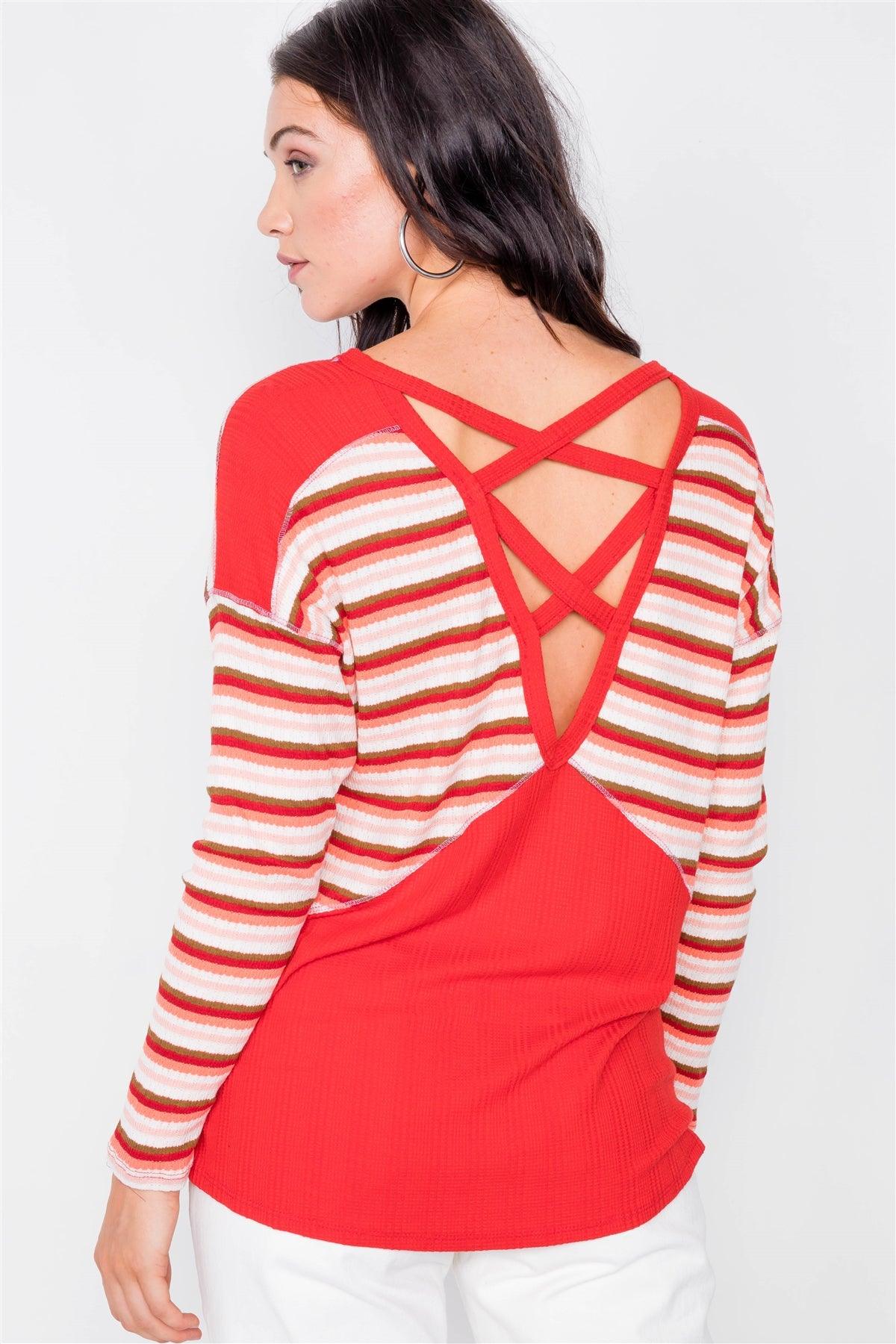 Red Criss-Cross Back Striped Top  / 3-2-2